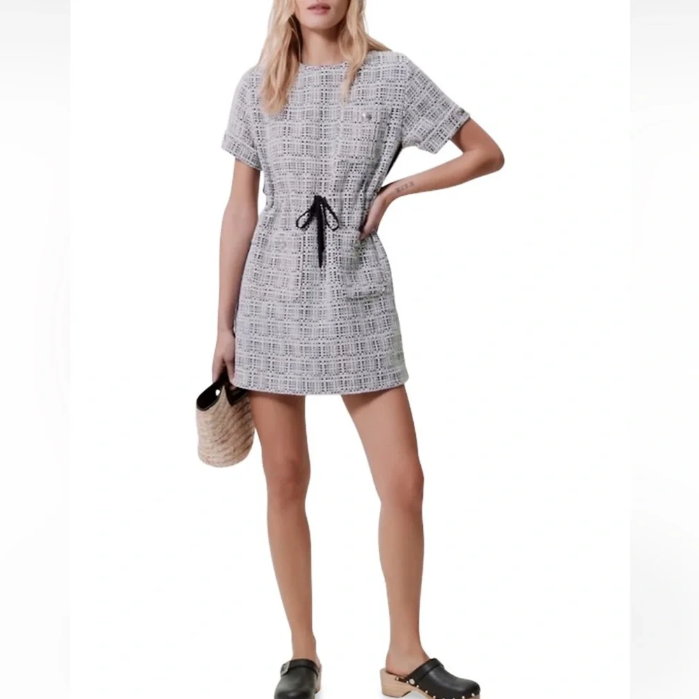 🌚💙NEW WITH TAGS💙🌚 Maje Retrola Drawstring Tweed Dress size 36 US 2/4 - Picture 4 of 11